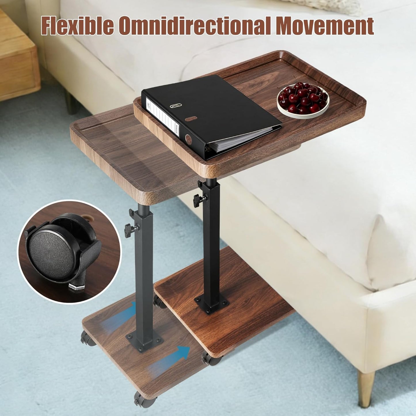 C Shaped End Table for Couch, Adjustable C Shaped Side Table with Wheels, Anti Fall Measures TV Trays Table for Eating, Sofa, Bedroom, Living Room