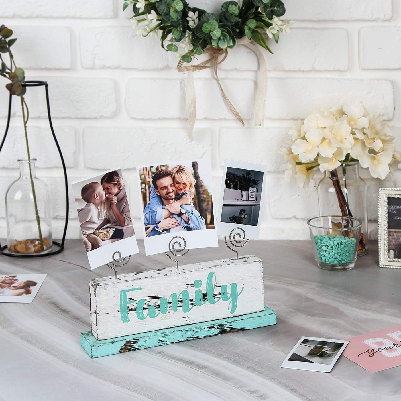 JACKCUBE Design Multi-Photo Display Boho Tabletop Decor Wooden Double Side Memos, Cards, Gallery Display Block with 3 Wire Clips, Desktop Freestanding Polaroid Picture Frame Decoration- MK678A