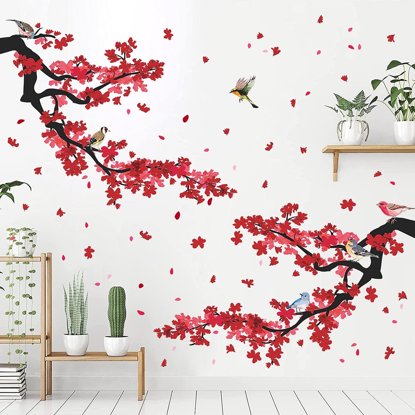3D Red Plum Branch Wall Sticker Creative Flower Birds Frolic Pastoral Style Wall Decals Removable Peel and Stick for Kids Girls Bedroom Living Room Office TV Background Classroom Art Wall Decor (A)