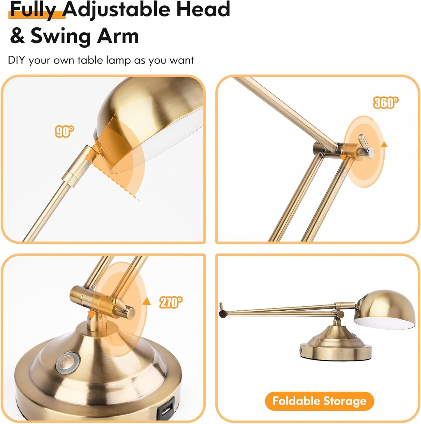 TOBUSA Architect Gold Desk Lamp Dimmable with USB Port, Adjustable Touch Control Vintage Desk Lamp 3 Color Modes, Brass Metal Desk Lamp Retro Style Reading Light for Home Office Desk Bedside Table