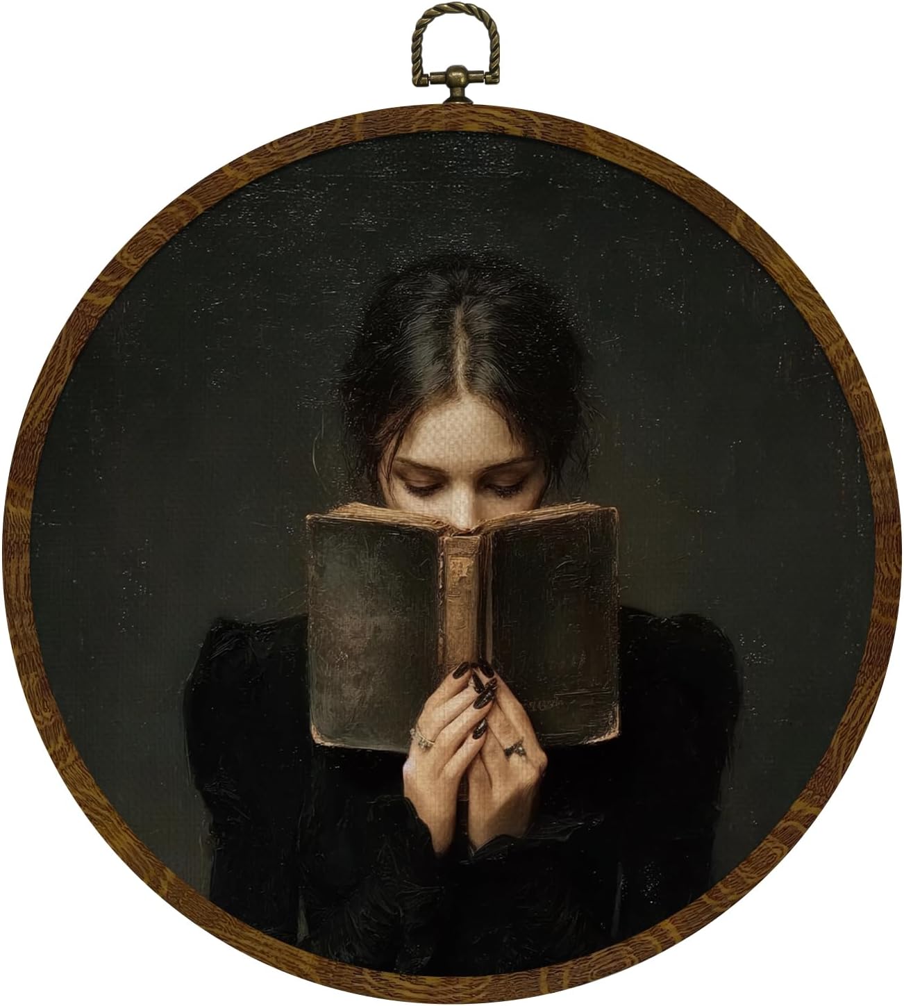 KLYTINK Vintage Girl Reading Round Wall Art - Dark Academia Book Lover Canvas Print in Round Frame, Antique Moody Aesthetic Wall Hanging Decor for Study Living Room Library, 10x10 Inch (Dark-Reading)