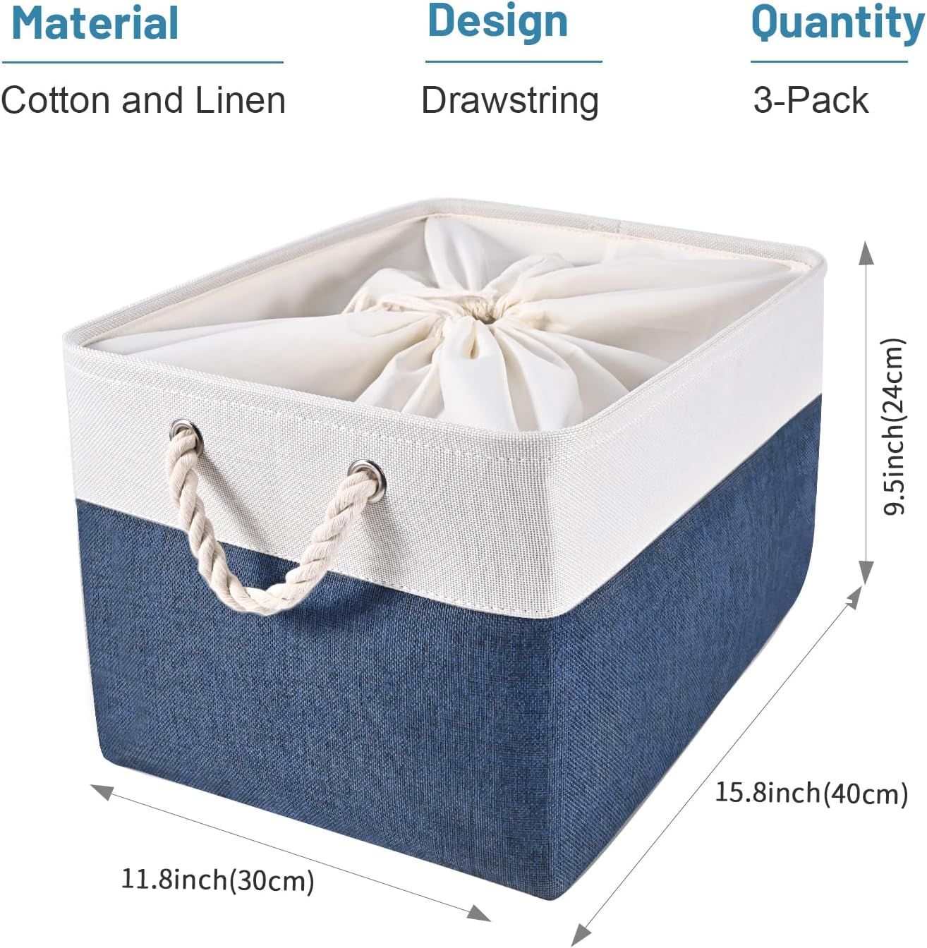HOdo Home 3PCS Storage Bins, Fabric Bin with Drawstring Closure and 2 Bold Handles, Collapsible Large Canvas Baskets for Organizing Shelf Nursery Home Closet (15.8×11.8×9.5 In, White and Navy)