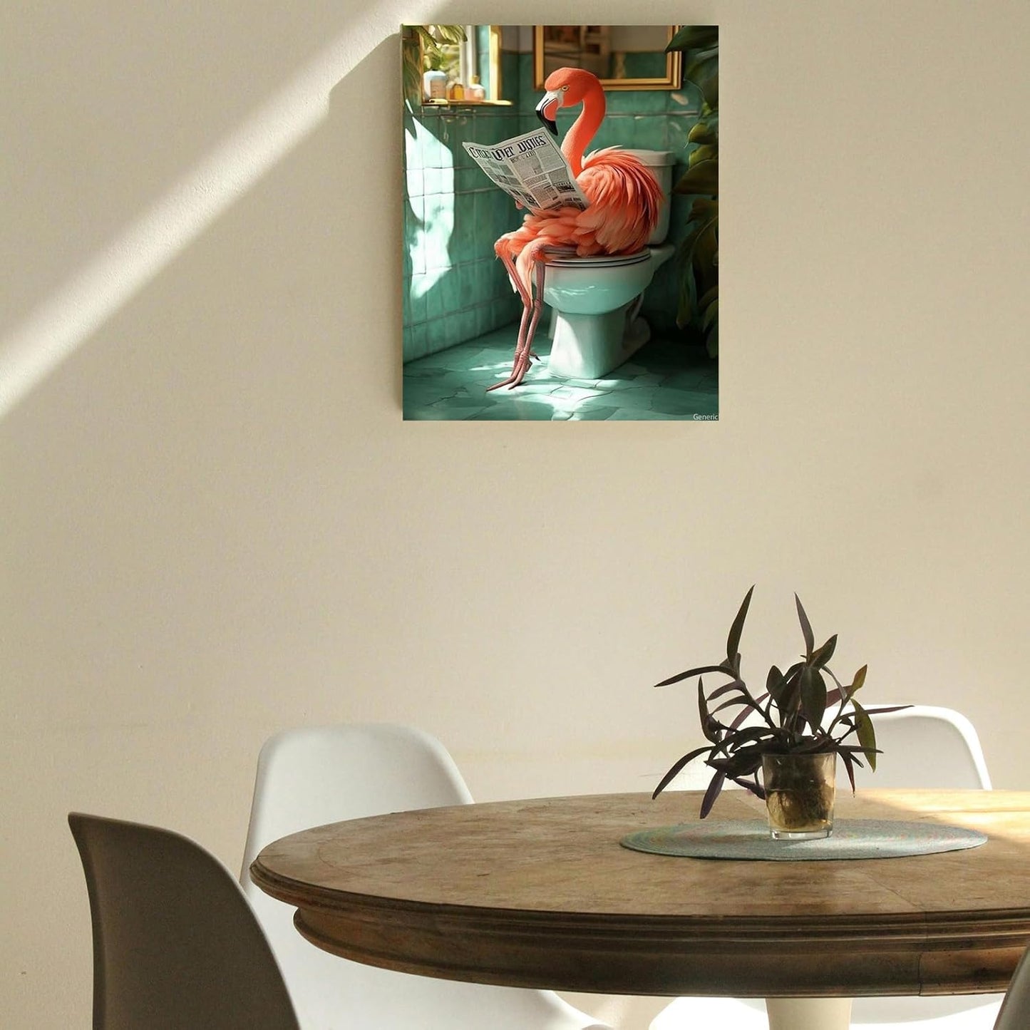 Bathroom Animal Poster Decor Flamingo on The Toilet and Reading Newspaper Bathroom Wall Decor Home Decor Frame-Style 8x10inch