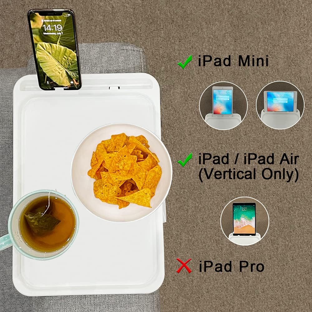 Xchouxer Sofa Armrest Clip Table, TV Snack Tray, Handy Remote Controls/Drinks/Phone Holder (White)
