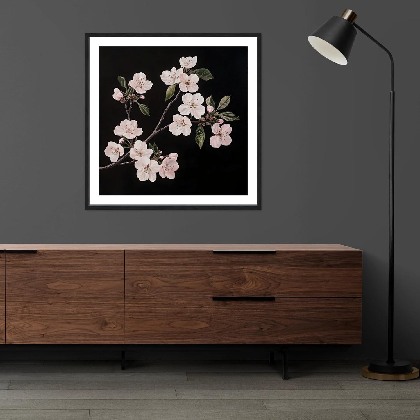 Moonow7 Cherry Blossom Wall Art Prints, Black and White Botanical Poster for Bedroom, Bathroom, or Office, Minimalist Flower Print for Tranquil Interiors, Unframed Size 30x30 cm / 12x12”