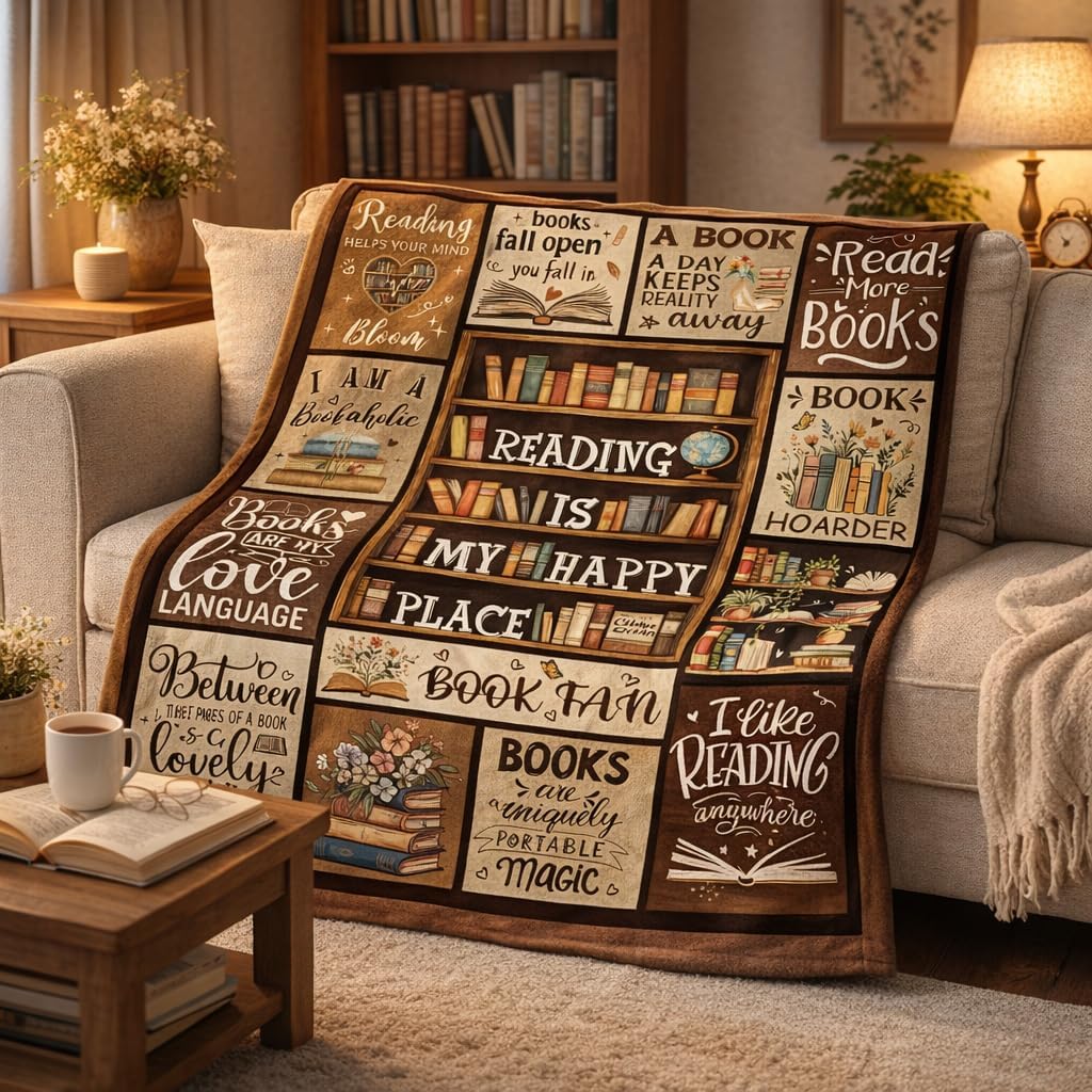 Book Lover Blanket Reading Throw Blanket Bookshelf Design Soft Flannel Fleece Throw Cozy Sofa Couch Bed Library Decor for Readers Bookworms, 50 x 60 Inch