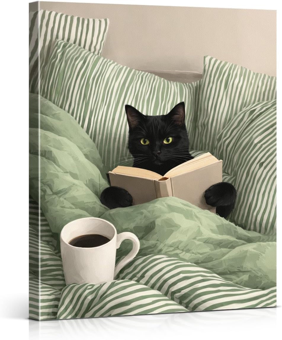 Black Cat Reading Bedroom Wall Art Cat in Green Striped Bed Canvas Print Poster Cozy Bookish Wall Decor for Home Bedroom 8x10 Inch Framed