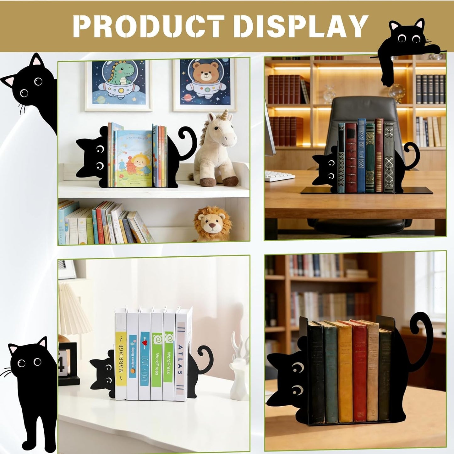 Cat Metal Bookends, Cute Cat Book Ends for Shelves, Home Office Desk Bookshelf Decor, 1.5mm Thick Metal with Non-Slip Pads, Gift for Cat Lovers Book Lovers, 1 Pair