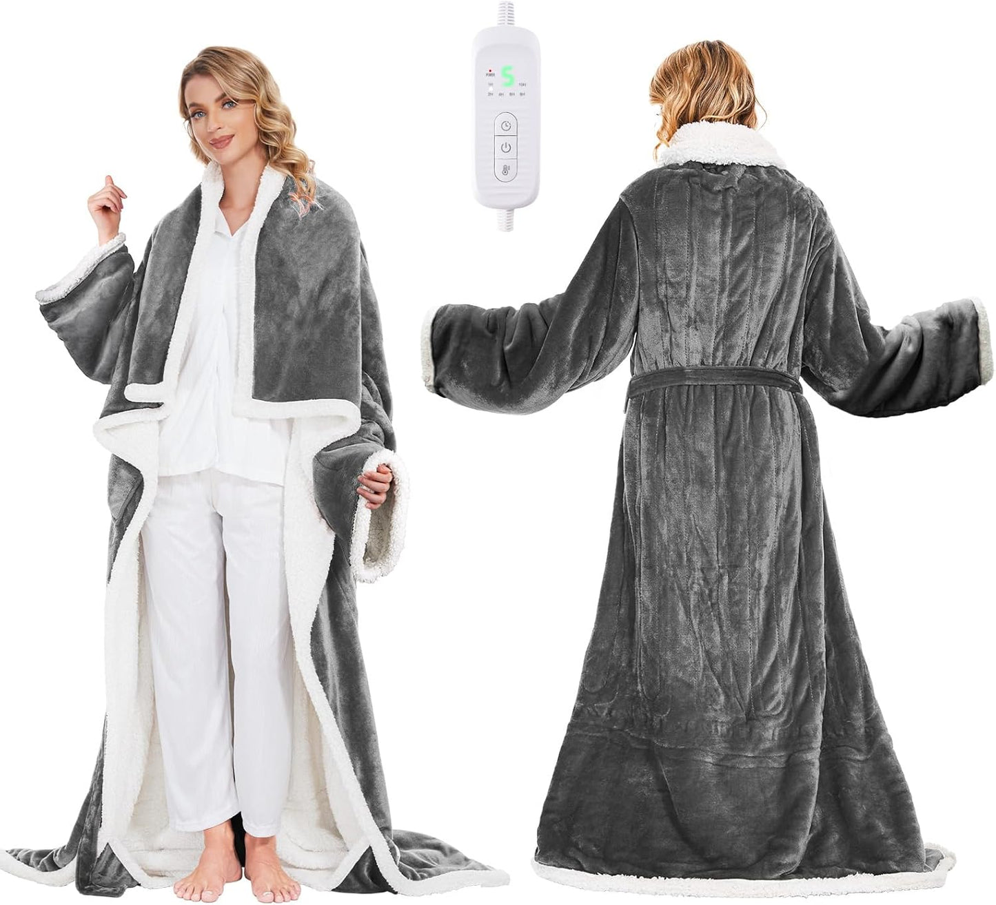 Electric Heated Blanket - Wearable Heated Blanket Throw with Foot Pockets, Sleeves Flannel & Sherpa Wearable Blanket 8 Heating Levels & Timer Snuggle Blankets for Home Office -50*60" Robes for Women