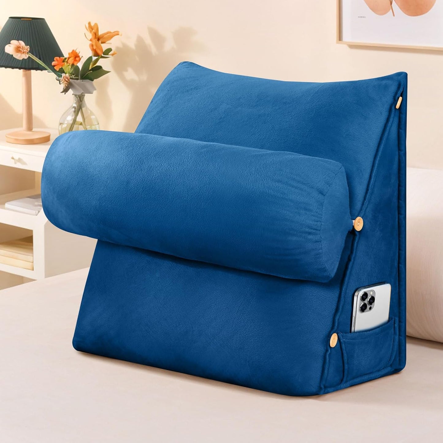 ele ELEOPTION Lumbar Back Support Pillow with Removable Neck Roll Wedge Back Cushion for Bed & Sofa with Side Pocket, Ergonomic Support Pillow for Reading (Navy Blue)