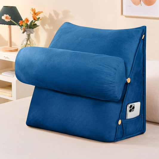 ele ELEOPTION Lumbar Back Support Pillow with Removable Neck Roll Wedge Back Cushion for Bed & Sofa with Side Pocket, Ergonomic Support Pillow for Reading (Navy Blue)