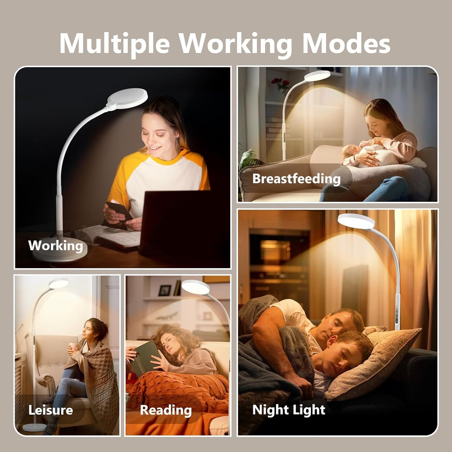 Daylight Floor & Desk Lamp – 11,000 Lux UV-Free Full Spectrum Light, 5 Color Temperatures & 10 Brightness Levels, 360° Adjustable Gooseneck Lamp for Home Office, Bedroom & Reading (White)