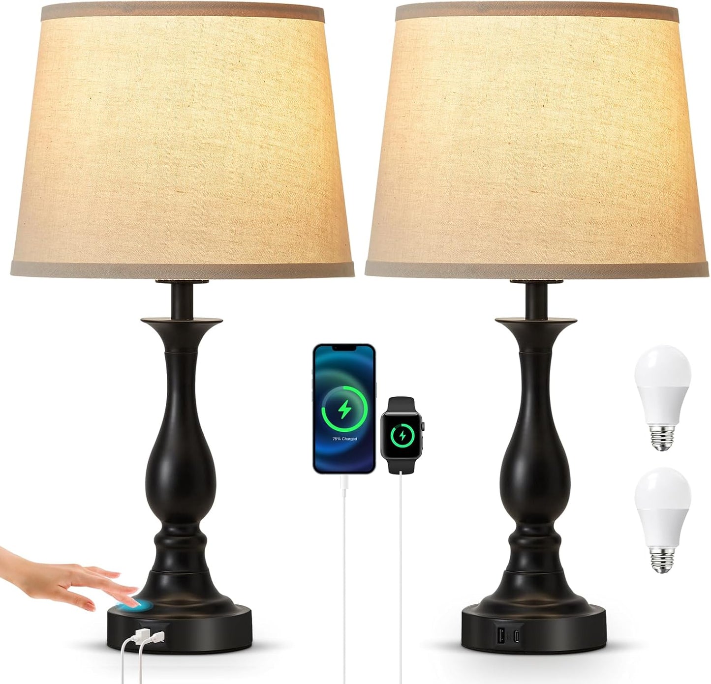 Bedside Table Lamp Touch Control Bedroom Lamps with USB A and C Charging Port 3 Way Dimmable Touch Lamps for Nightstand Living Room Bedroom Dorm Home Office Reading, Set of 2