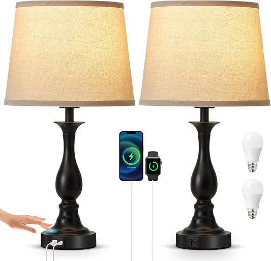 Bedside Table Lamp Touch Control Bedroom Lamps with USB A and C Charging Port 3 Way Dimmable Touch Lamps for Nightstand Living Room Bedroom Dorm Home Office Reading, Set of 2