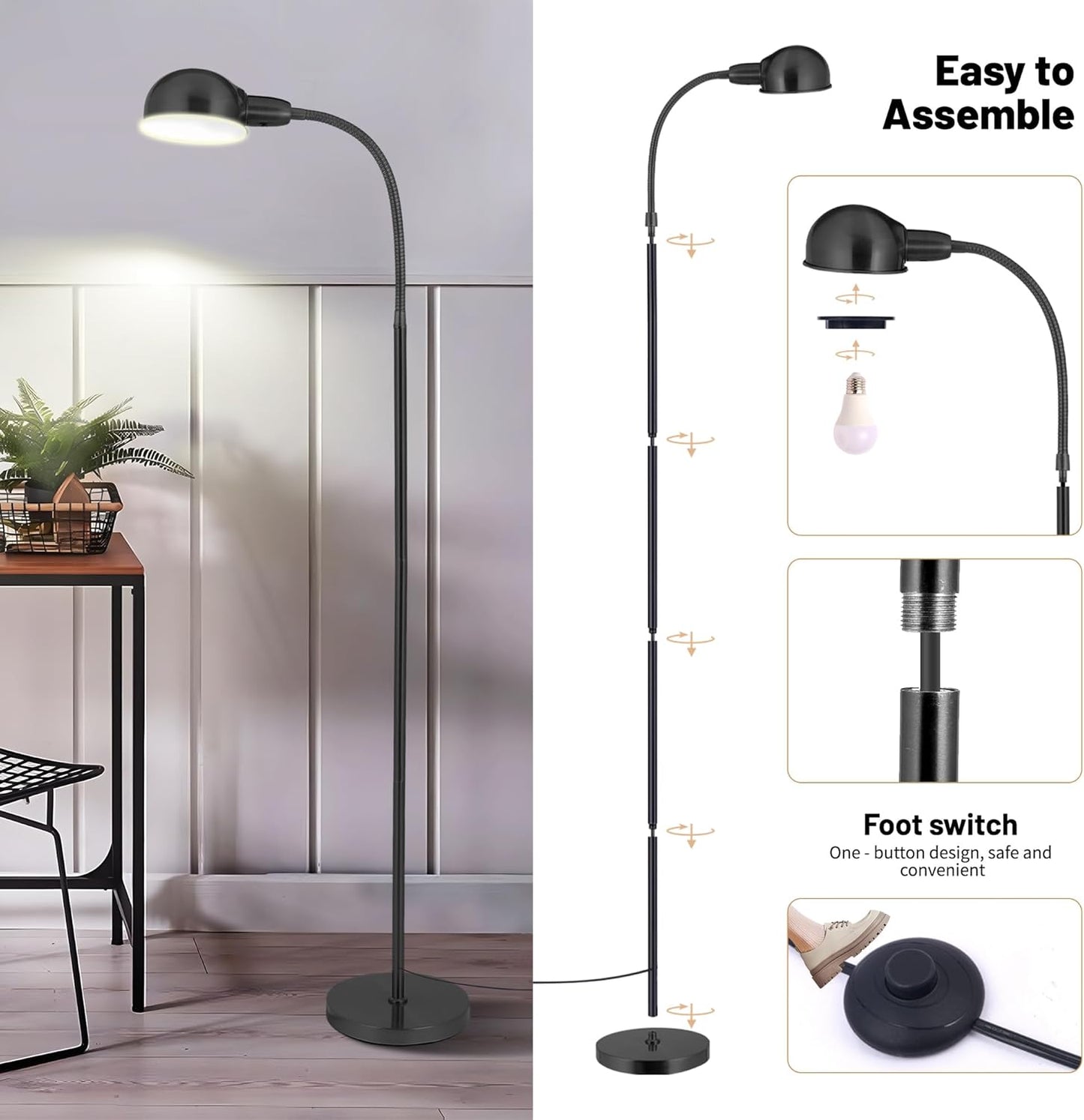 Adjustable LED Floor Lamp with Flexible Gooseneck, Rotatable Shade, E26 Socket, Sturdy 10" Base – Modern Reading Light for Living Room, Bedroom, Office (Black)