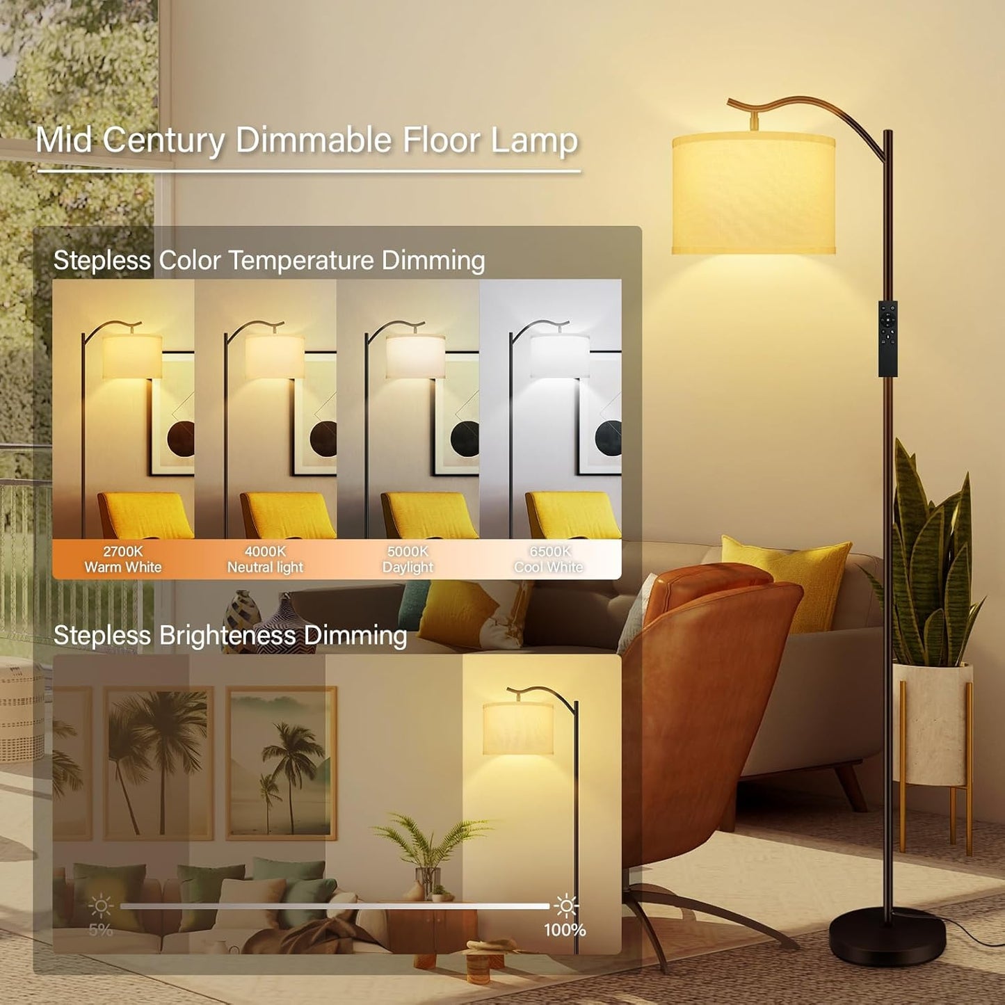 BoostArea Floor Lamp for Living Room,Arc Floor Lamp with Remote Control,Stepless Dimmable Brightness & Colors Temperature 2700k-6500k,Modern Standing Lamp for Bedroom Study Room Office,White