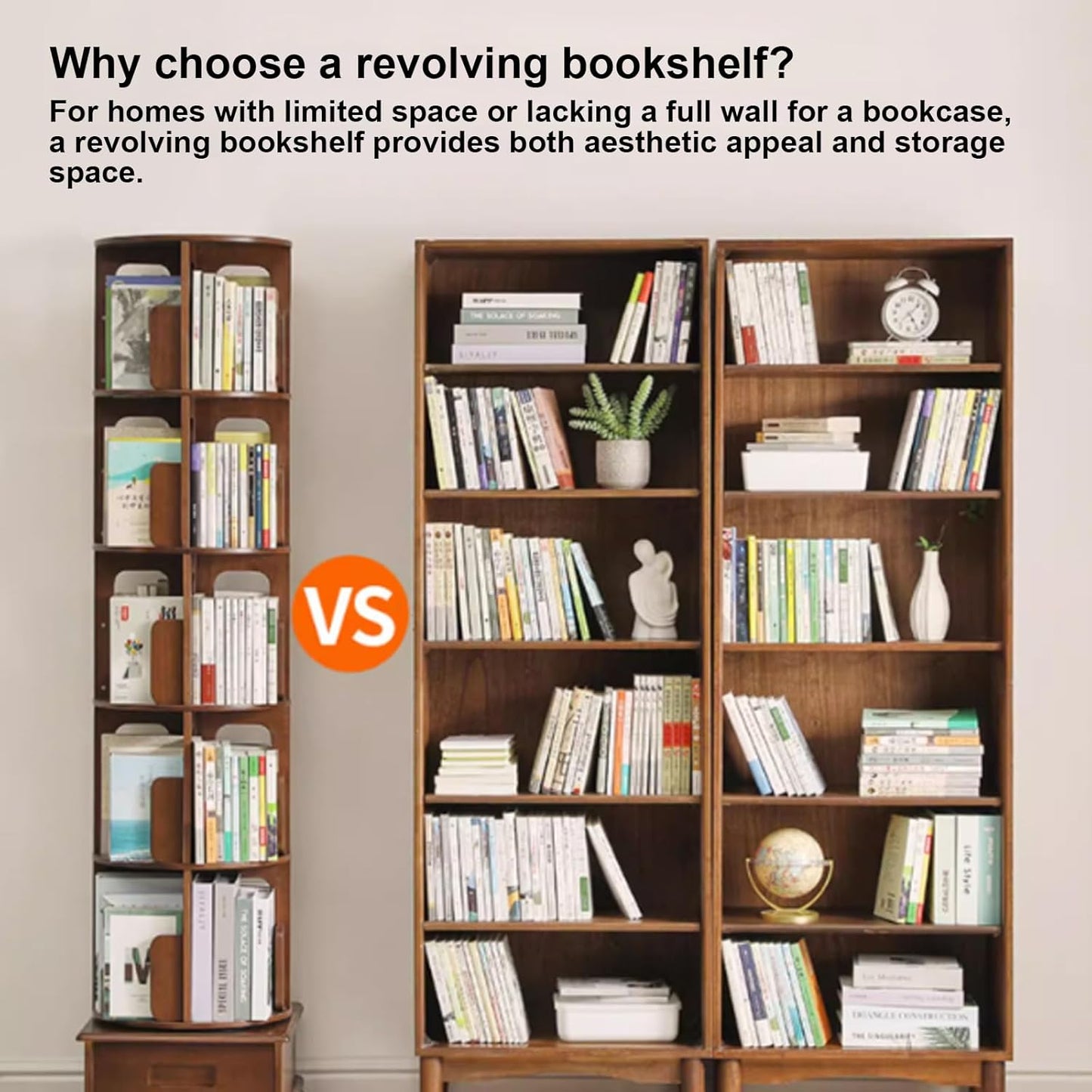 4/5/6 Rotating Bookshelf with Wheels 360 Degree Home Bookcase Living Room Full Solid Wood Floor Movable wall Shelf Suitable for Home Office Study(4th Floor)