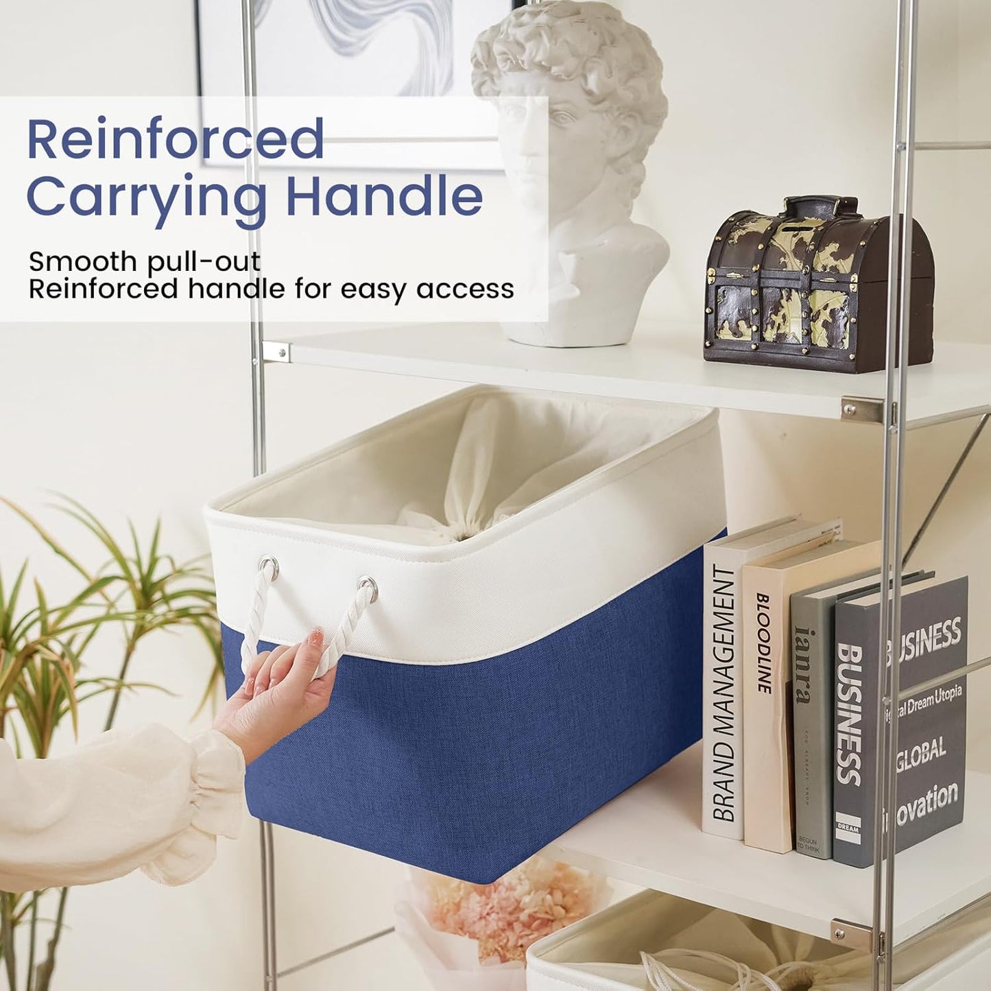 Large Storage Baskets- 16x12x12 inch Storage Bins for Shelves and Closet Organizing, Foldable Fabric Bin for Home Organization Clothes and Laundry (3-Pack, White&Blue)