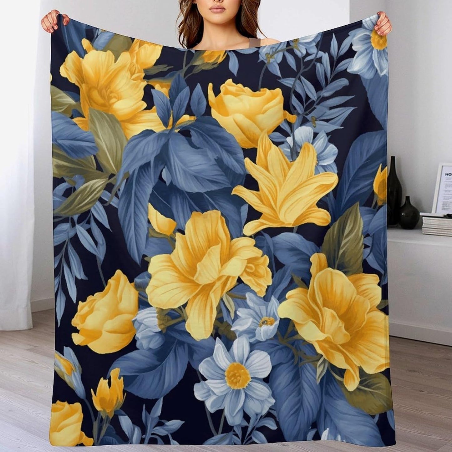 Blue Base Yellow Floral Blanket Chunky Fluffy Fuzzy Bed Blankets Cozy Soft Warm Winter Blankets Anti-Pilling Flannel Throw Blanket for Couch Living Room Bedroom Multiple Size