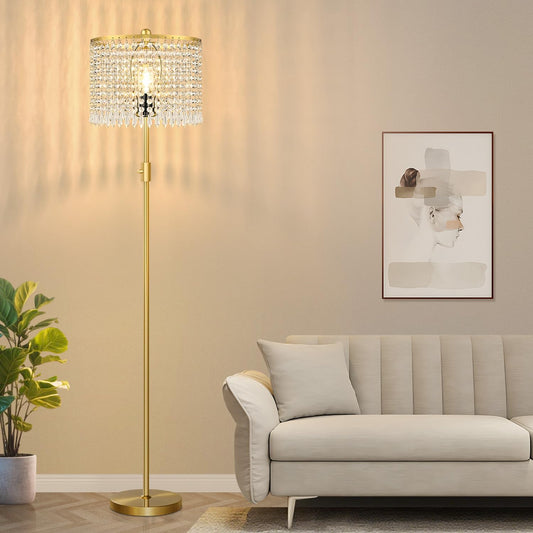 【Upgraded】 Dimmable Crystal Floor Lamps for Living Room, 1000LM LED Bulb Included, Standing Lamp with Knob Switch, Tall Gold Pole Light for Bedroom Nursery Office Corner Reading