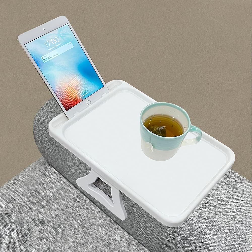 Xchouxer Sofa Armrest Clip Table, TV Snack Tray, Handy Remote Controls/Drinks/Phone Holder (White)