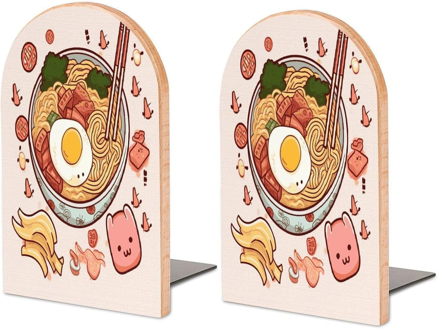 Delicious Sweet Ramen Bookend for Shelves Wooden Book End Large Size Sturdy Book Holders Stoppers with Metal Base for Bookshelves Slick Decorative Bookends Stands