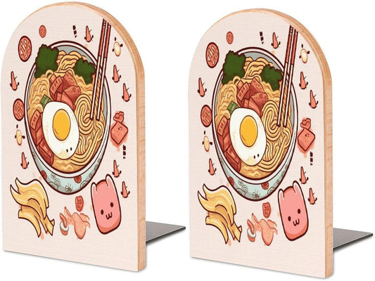 Delicious Sweet Ramen Bookend for Shelves Wooden Book End Large Size Sturdy Book Holders Stoppers with Metal Base for Bookshelves Slick Decorative Bookends Stands