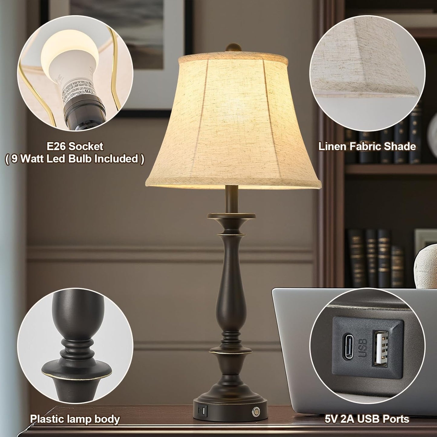 AIDENOEY 28.5" Traditional Table Lamp Set of 2, Rustic Farmhouse Table Lamps for Living Room Bedroom, Bedside Desk Lamps Vintage Nightstand Lamps with Silk Fabric Shades, Black Sweep White Gold