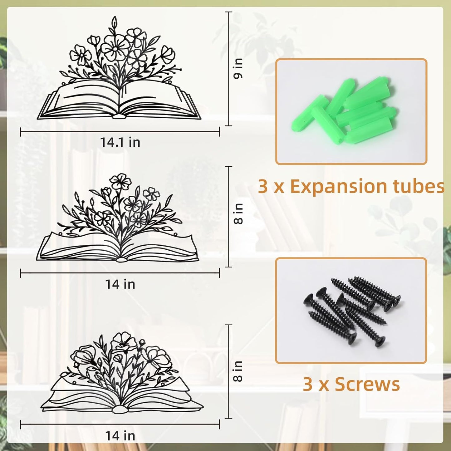 Zzbakress 3 Pcs Book Wall Decor Metal Flower Wall Art, Library Decor Hanging Sculpture, Reading Nook Silhouette Wall Hanging for Home Office Reading Room Teacher Gift (Elegant)