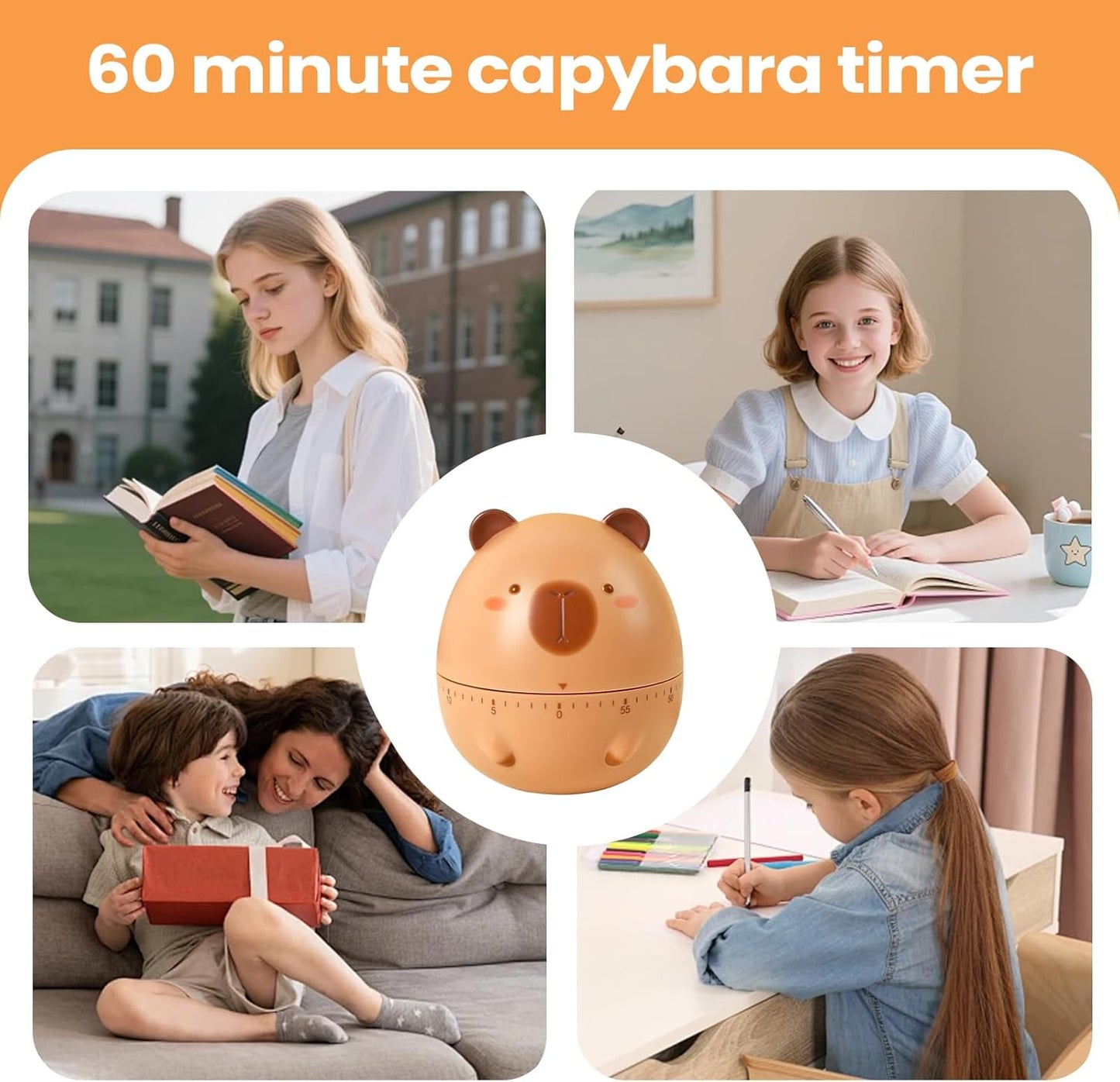Capybara Visual Timer, Manual Countdown Clock, 60 Minute Time Manager Tool, ABS Cartoon Desk Timer Device, Study Focus Aid with Non Tip Base, Classroom Office Organizer for Kids Adults