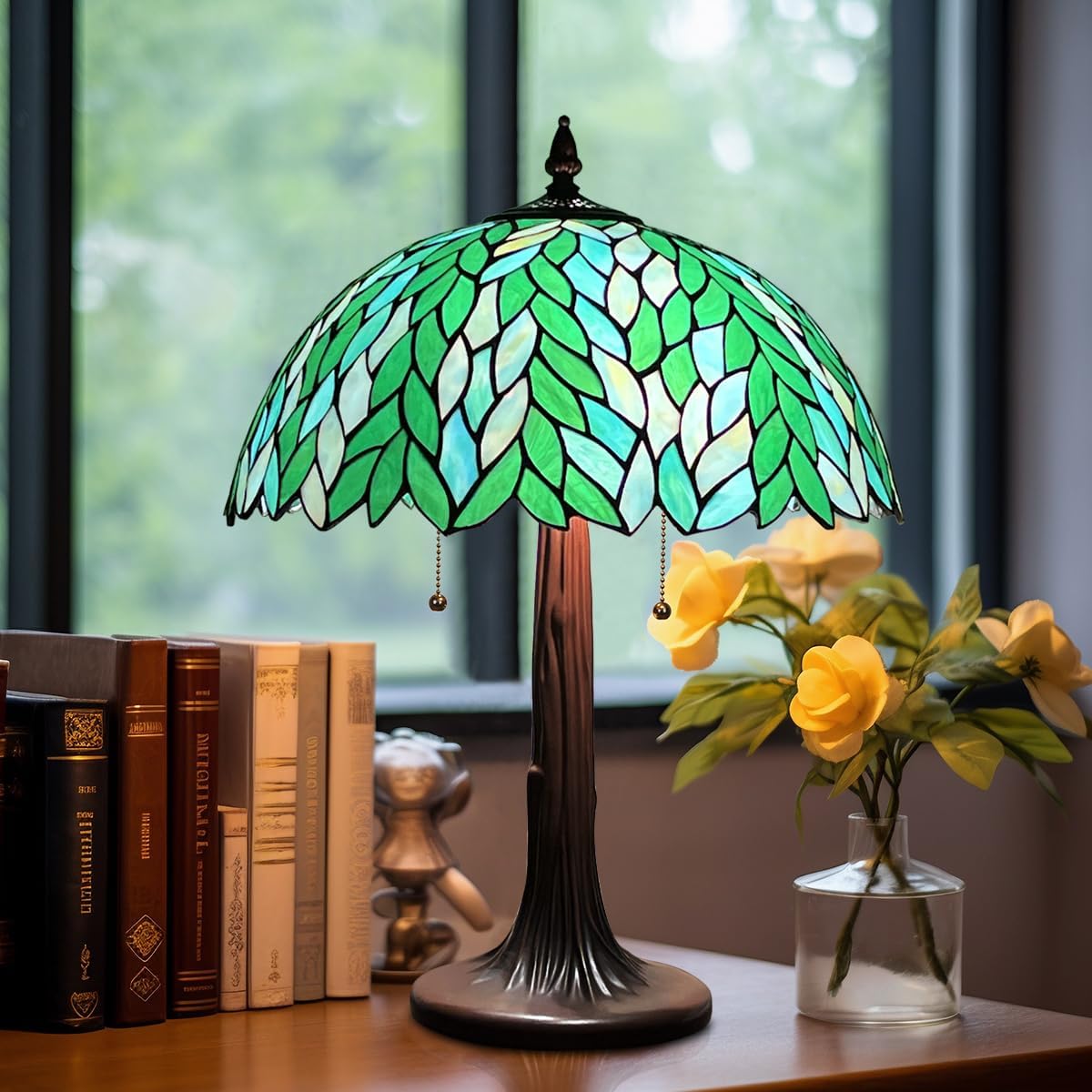 Tiffany Style Table lamp, Green Wisteria Stained Glass Desk Light - Antique 16” Large Nightstand Bedside Reading Light for Living Room Bedroom Office