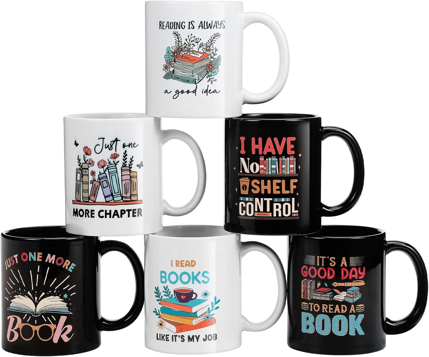 6 Pack Book Lover Coffee Mugs 11oz Ceramic Tea Cups with Funny Reading Quotes Literary Gifts for Bookish Librarians Teachers Readers Book Club Library Lovers