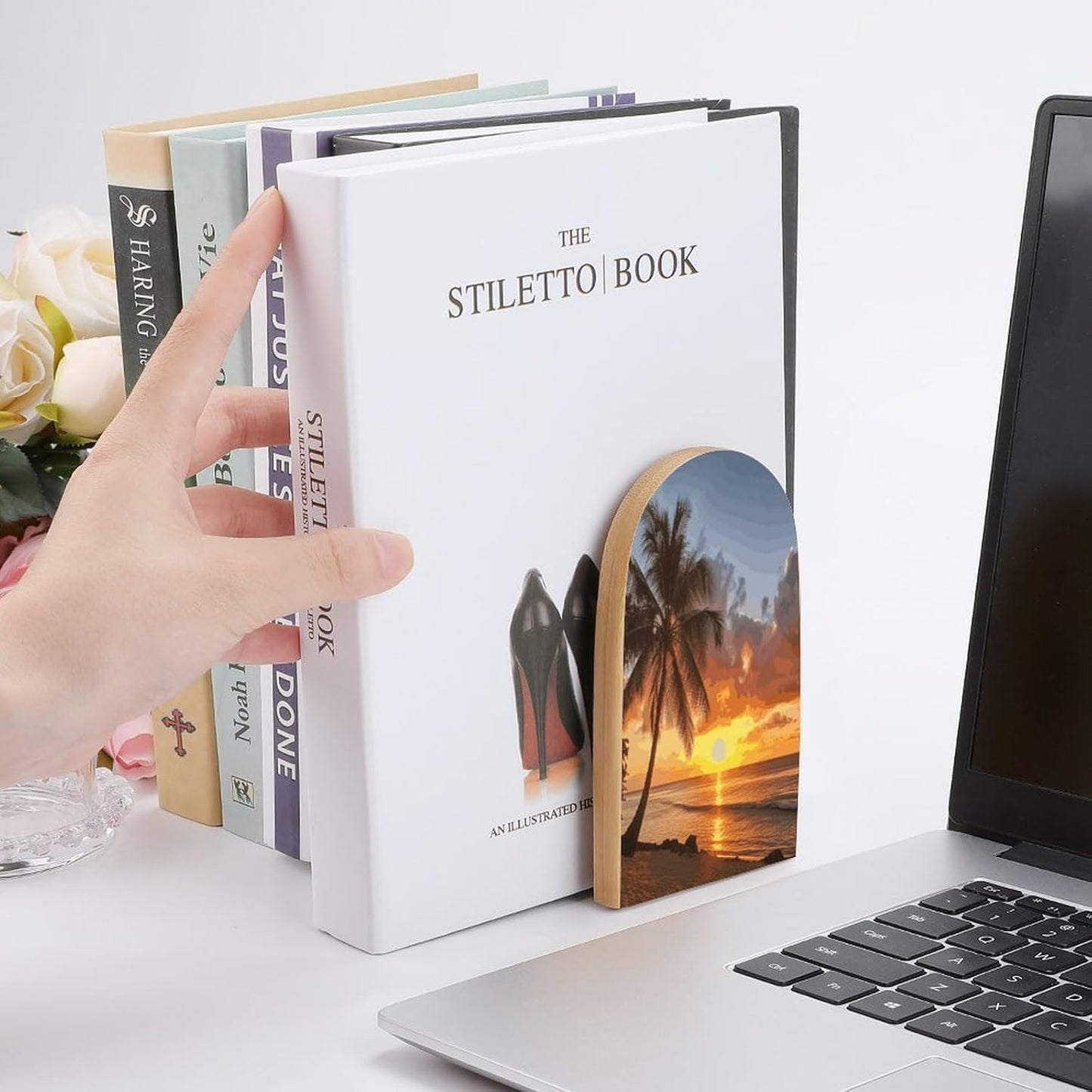 Sunset Hawaiian Palm Tree Bookends 1 Pair Heavy Duty Book Ends for Shelves Non-Skid Bookend Supports Wooden Book Holders with Metal Base Desk Organizers Books Storage to Hold Books