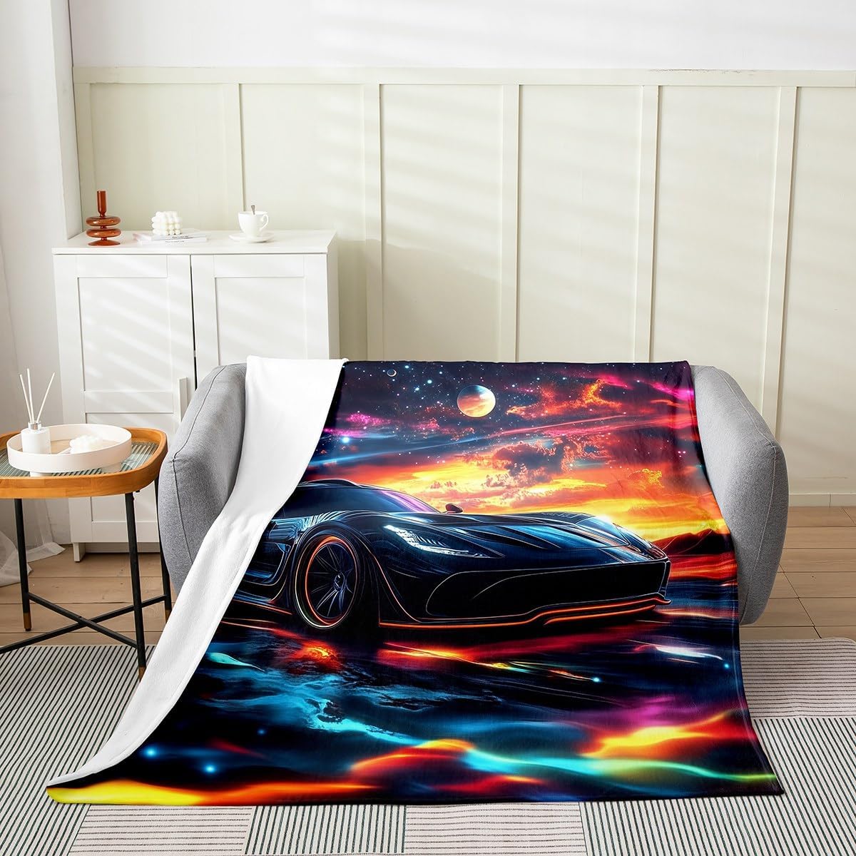 Erosebridal Kids Boys Sports Car Flannel Blanket Queen 90x90,Cosmos Outer Space Universe Blanket Race Cars Decor,Glitter Stars Racing Cars Fleece Blankets,Cool Speed Race Sports Car Throw Blankets