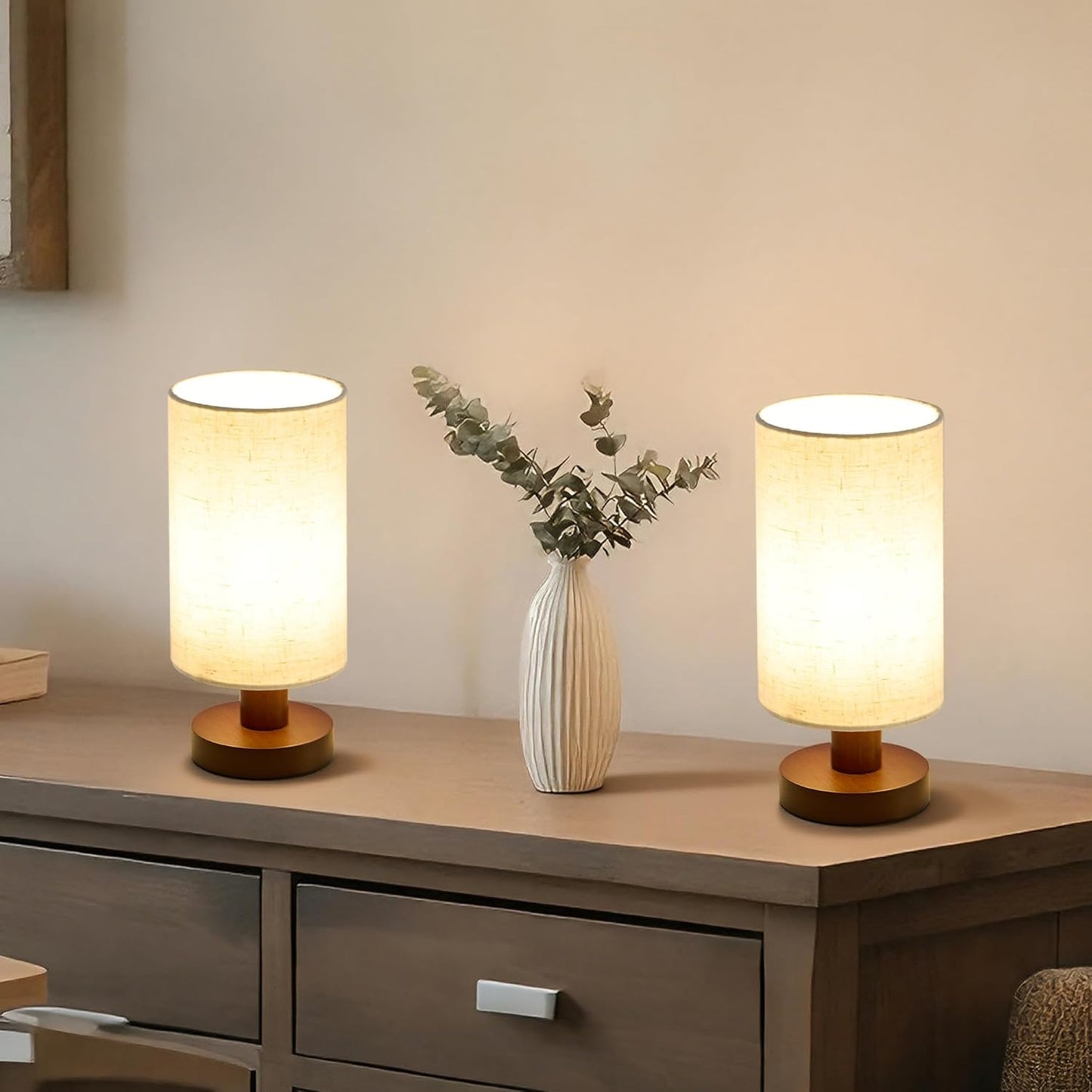 Bedside Lamps Set of 2, Small Bamboo Table Lamps for Bedroom, Minimalist Nightstand Lamps with Linen Shade, Modern Desk Lamp for Living Room, Study, Dorm (LED Bulbs Included)