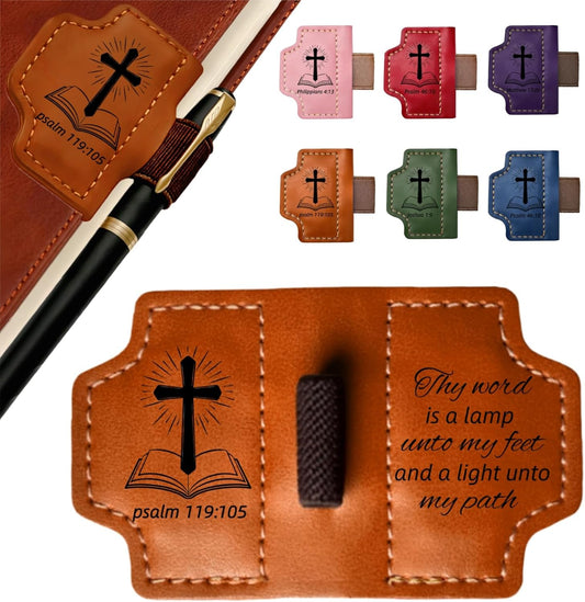 MOTEERLLU Bygone Mark Personalized Magnetic Leather Bookmark Pen Holder, Christian Gifts, Inspirational Bible Book Marks for Reading Women, Men, Teachers, Book Lover(Brown Psalm 119:105)