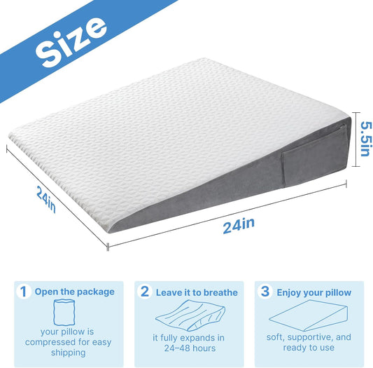 Vekkia 24" x 24" x 5.5" Bed Wedge Pillow for Sleeping – Triangle Pillow for Sleep Apnea, Acid Reflux, Snoring & Back Support, Post-Surgery Recovery, with Pockets & Washable Cover