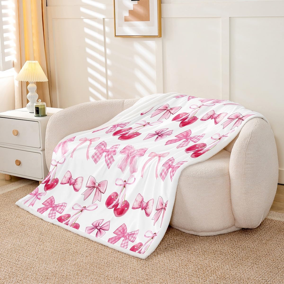 Feelyou Cute Bowknot Fleece Throw Blanket 40"x50" Pink Watercolor Bow Sherpa Blanket for Bed Sofa Couch Boys Girls Teens Bedroom Decor Bow Plush Blanket Women Men Dreamy Princess Fuzzy Blanket
