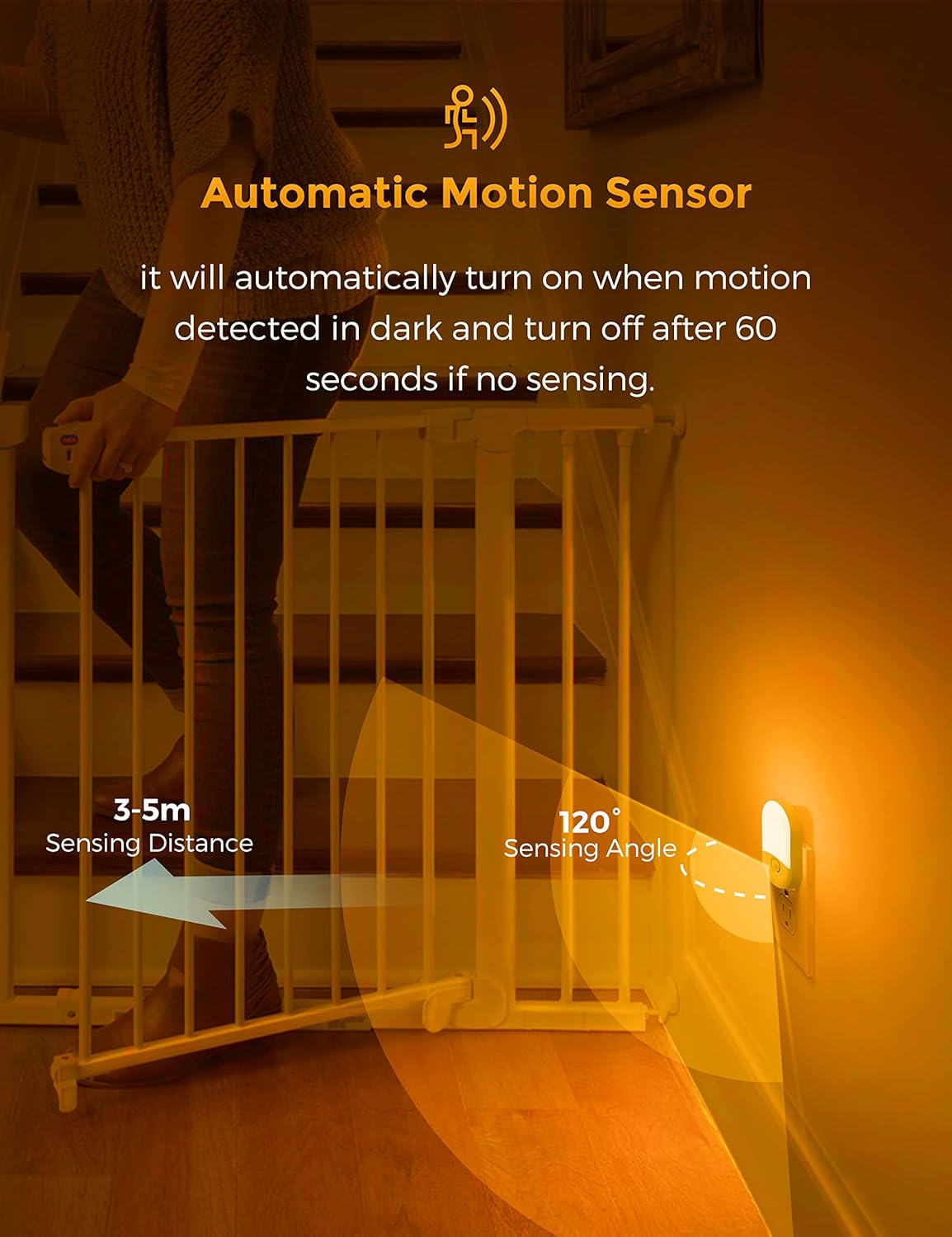 L LOHAS LED Amber Night Light, 2 Pack, Night Lights Plug into Wall Motion Sensor, 0.6W 2000K, LED Nightlights, 30/60LM Adjustable Brightness, Automatic Low Blue Nightlight for Kids, Bathroom, Hallway