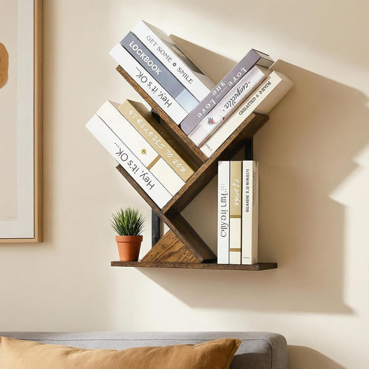 3-Tier Tree Book Shelves for Wall, Small Wall Mounted Shelves, Unique Hanging Bookshelf Storage Rack, Floating Bookshelves Organizer for Living Room, Office, Rustic Brown & Black