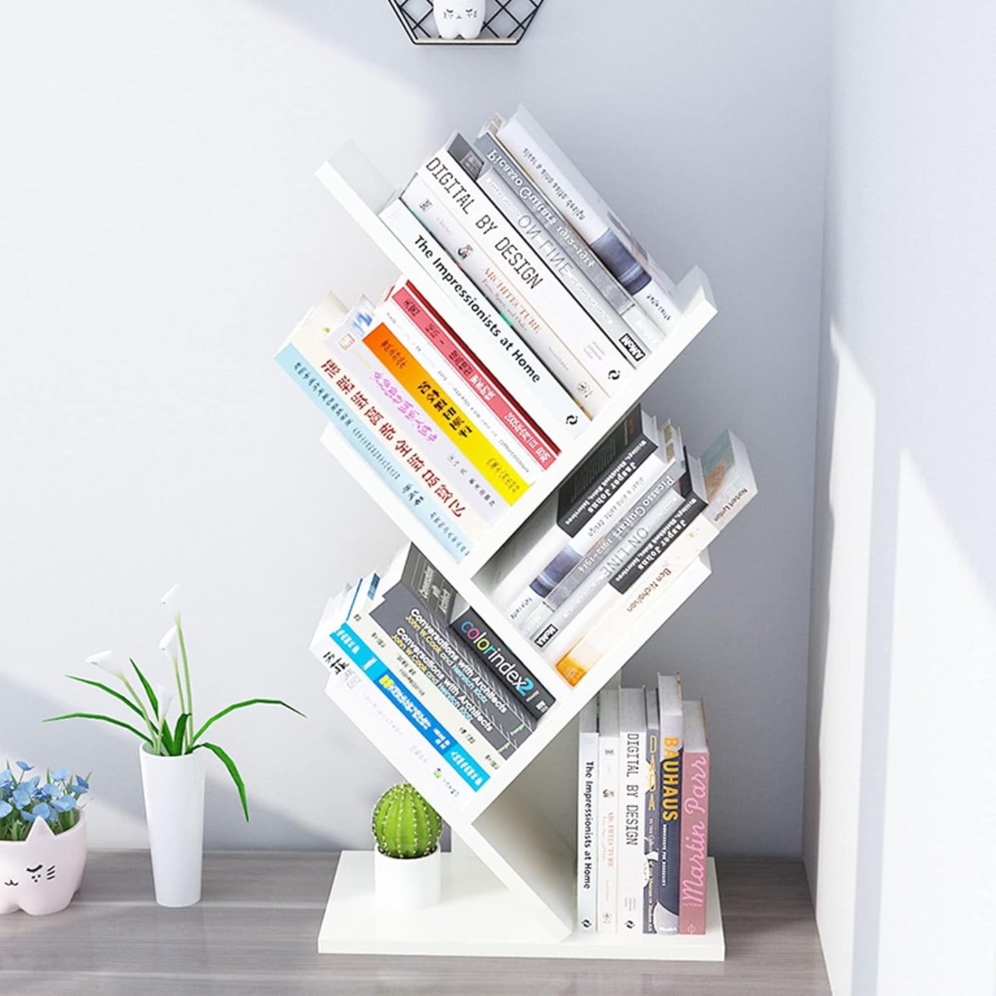 Godferyxin Small Bookshelf for Small Spaces, 5-Tier White Wood Tree Bookcase – Compact Corner Mini Shelf for Bedroom, Office, or Apartment, Holds Books, CDs, and Decor