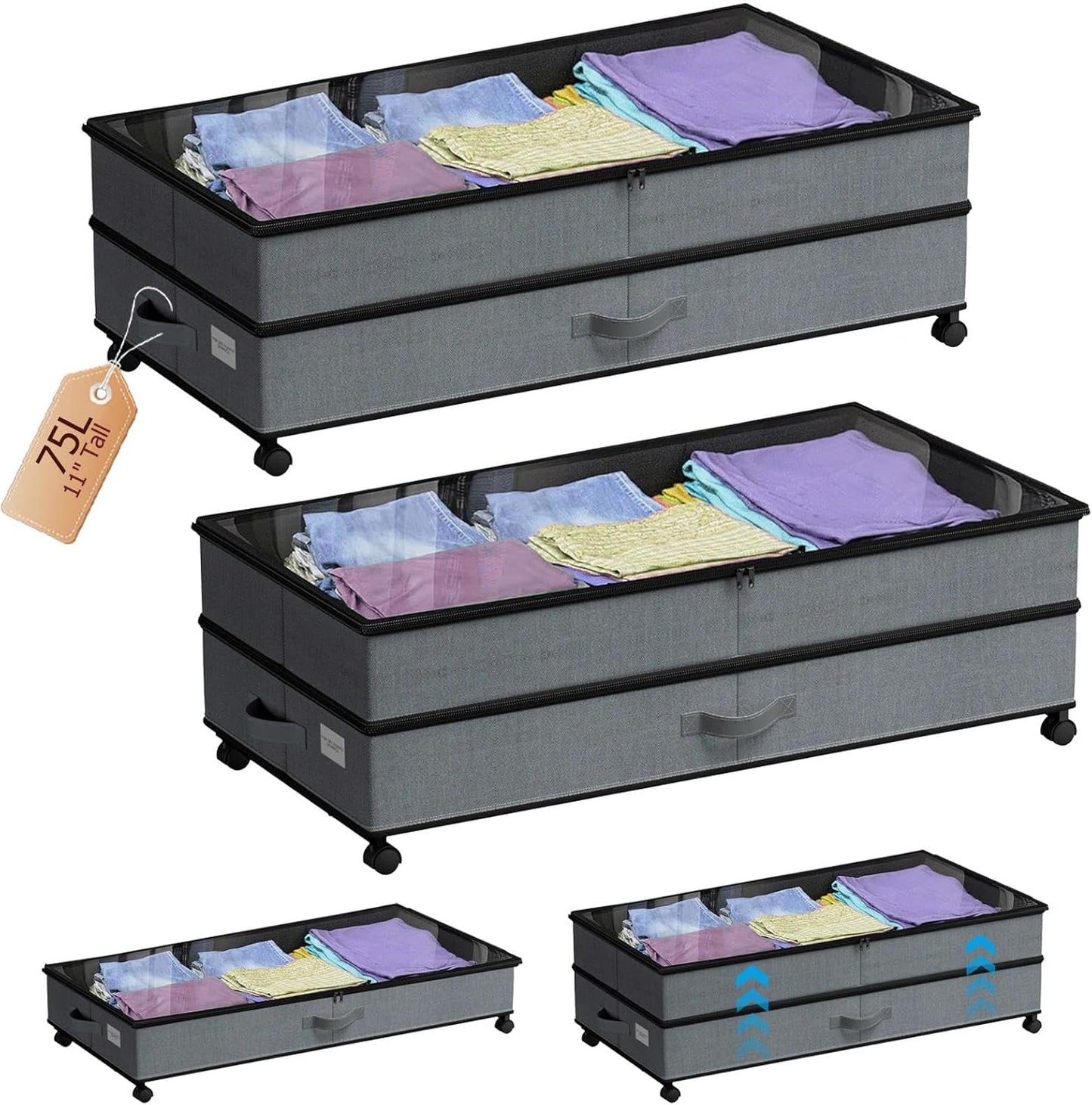 Under Bed Storage with Wheels, 2 Pack 75L Underbed Large Storage Bins with Lid, Adjustable Rolling Storage Containers for Clothes, Shoes, Blankets