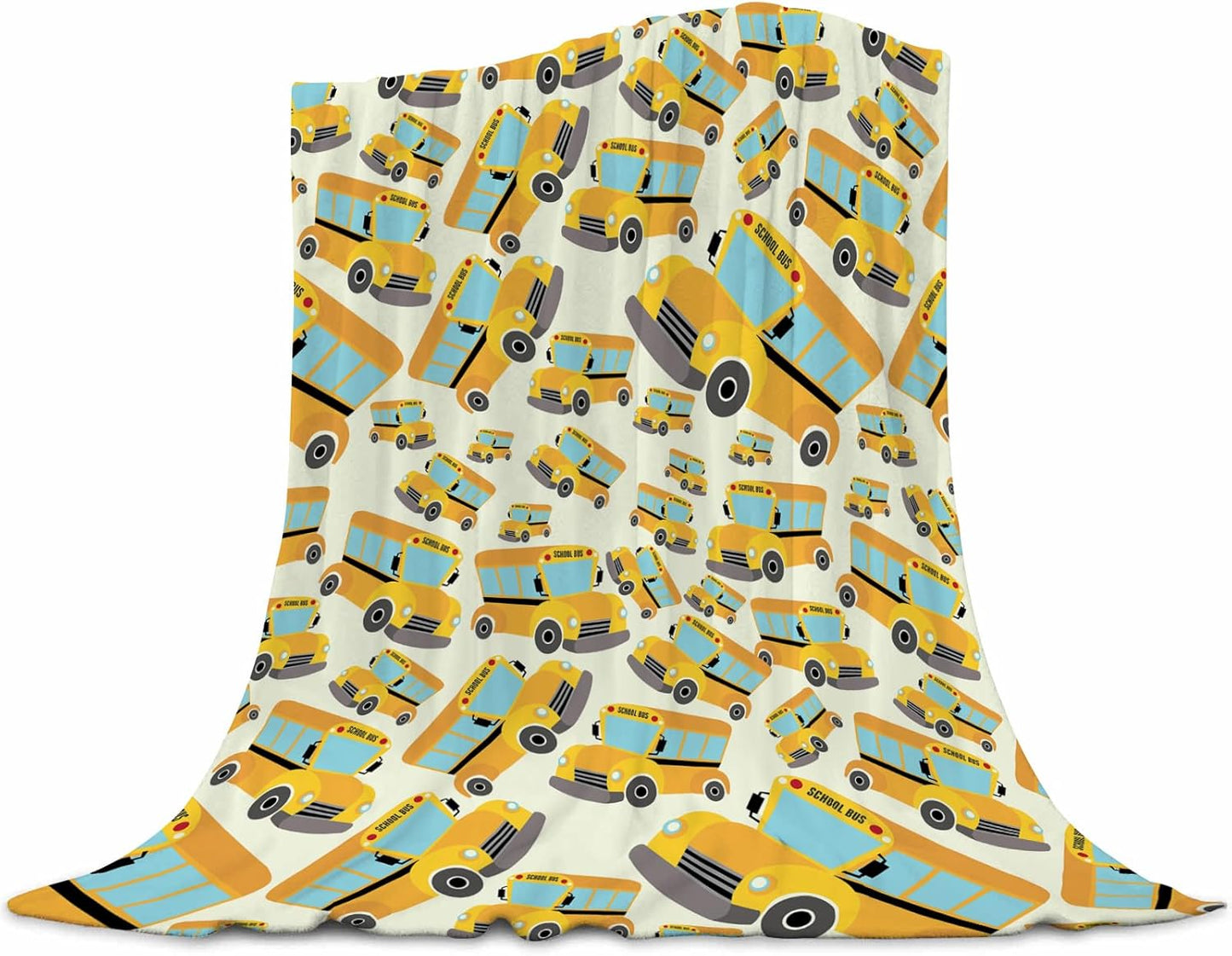 School Bus Soft Flannel Fleece Throw Blanket, Vehicle Illustrations Background Pattern for Kids, Cozy Plush for Indoor and Outdoor Use Lightweight Blanket 60"x80"
