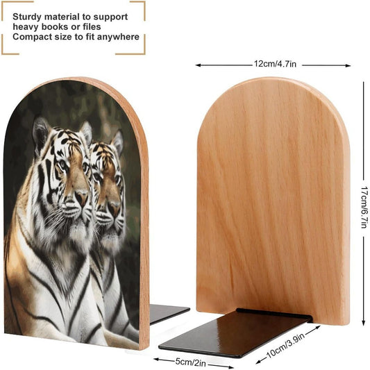 Majestic Tiger Bookend for Shelves Wooden Book End Large Size Sturdy Book Holders Stoppers with Metal Base for Bookshelves Slick Decorative Bookends Stands