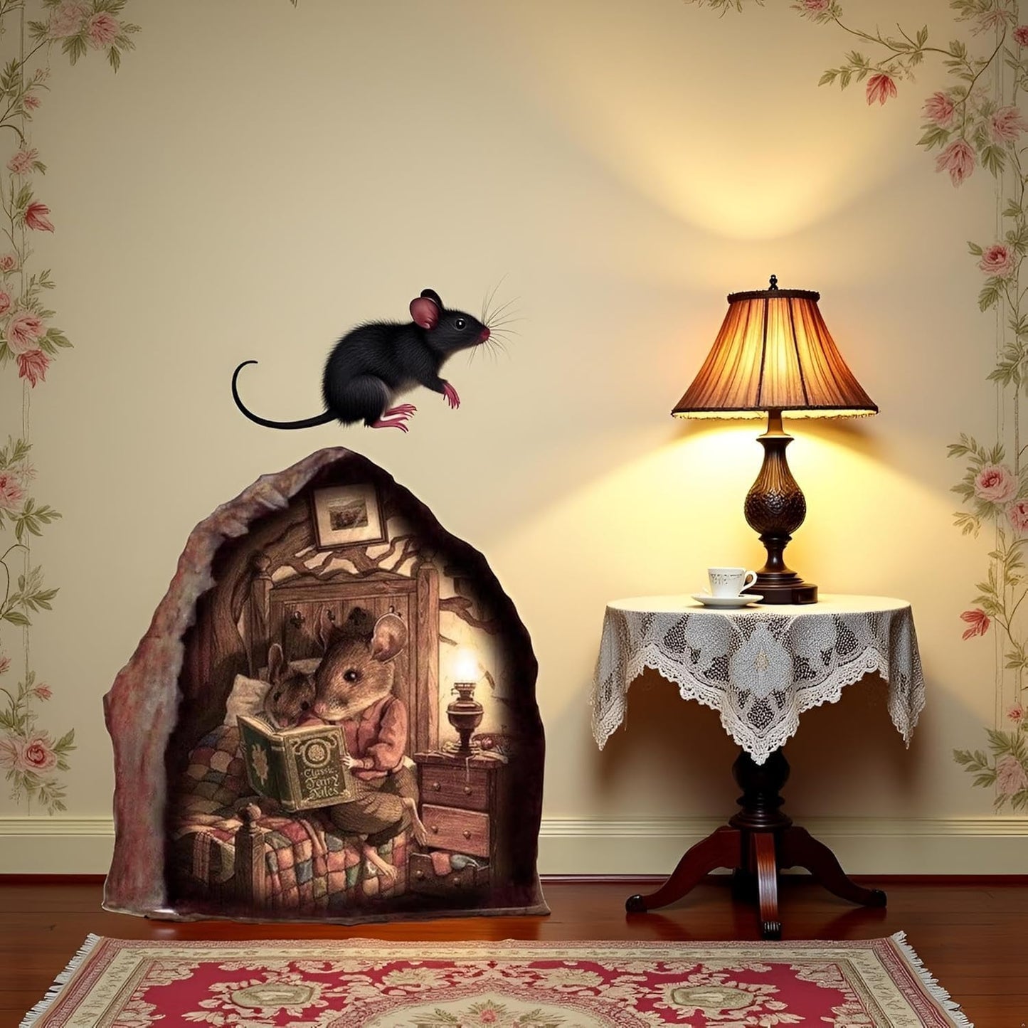Mouse Hole Wall Decal, 3D Mouse Hole Realistics Wall Sticker, Reading Book in a Decal Fun Art, Water Proof Wall Stickers for Bedroom Decor Wall Treatments and Supplies