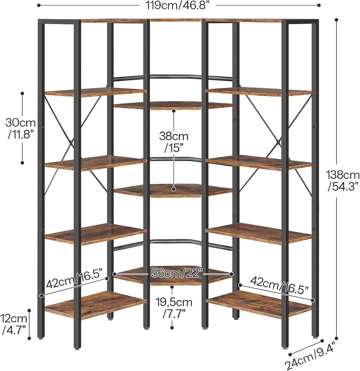 HOOBRO Industrial Corner Bookshelf, 5-Tier L-Shaped Bookcase, Open Display Storage Rack, Floor Standing Storage Shelf, for Living Room, Bedroom, Home Office, Rustic Brown and Black BF68SJ01