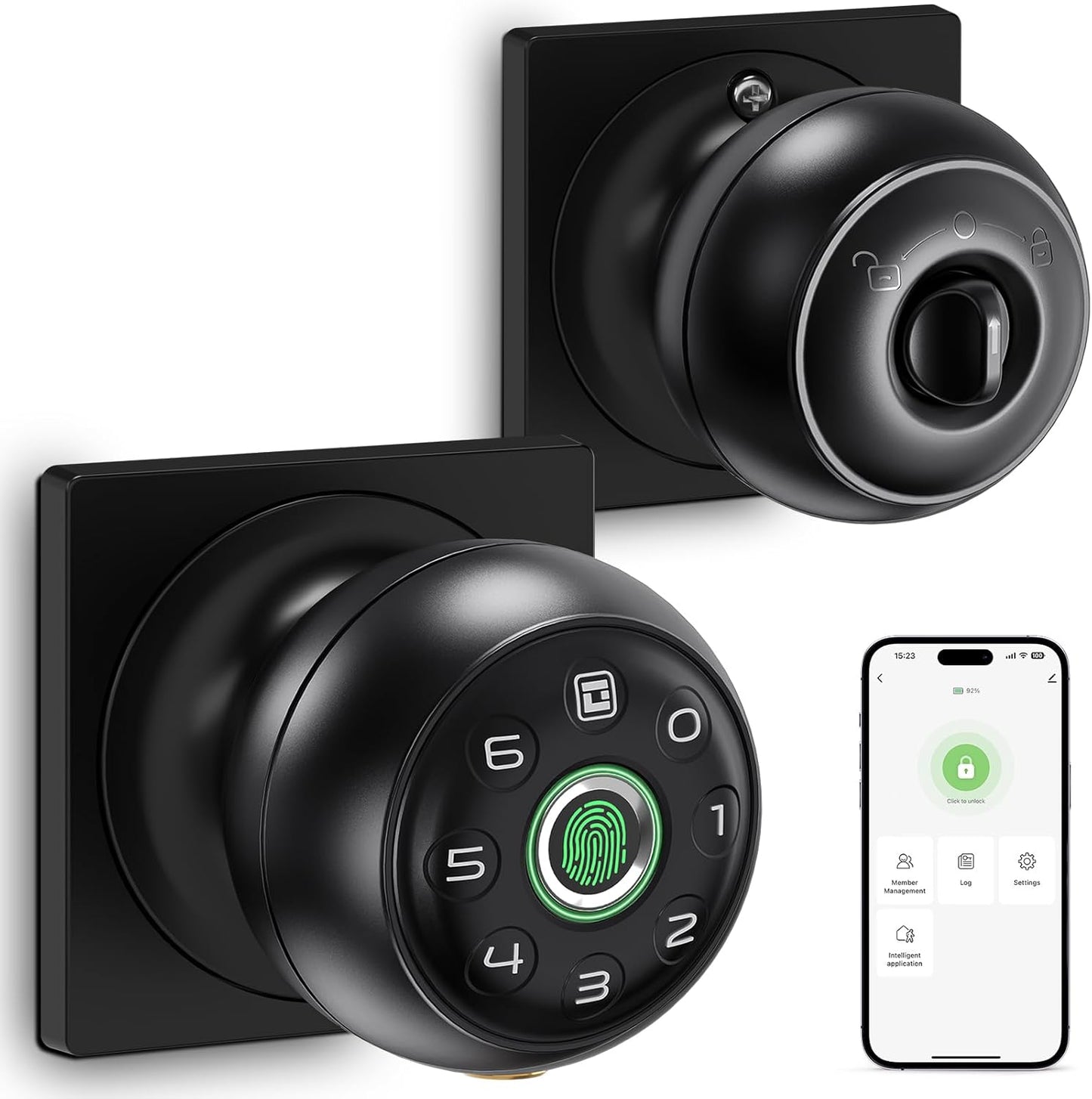 GeekTale Fingerprint Door Lock for Bedrooms, Fingerprint Door Knob with Lock, Smart Door Lock, App Control, Back-up Keys, Thumbprint Door Knob for Bedrooms, Office, Apartment