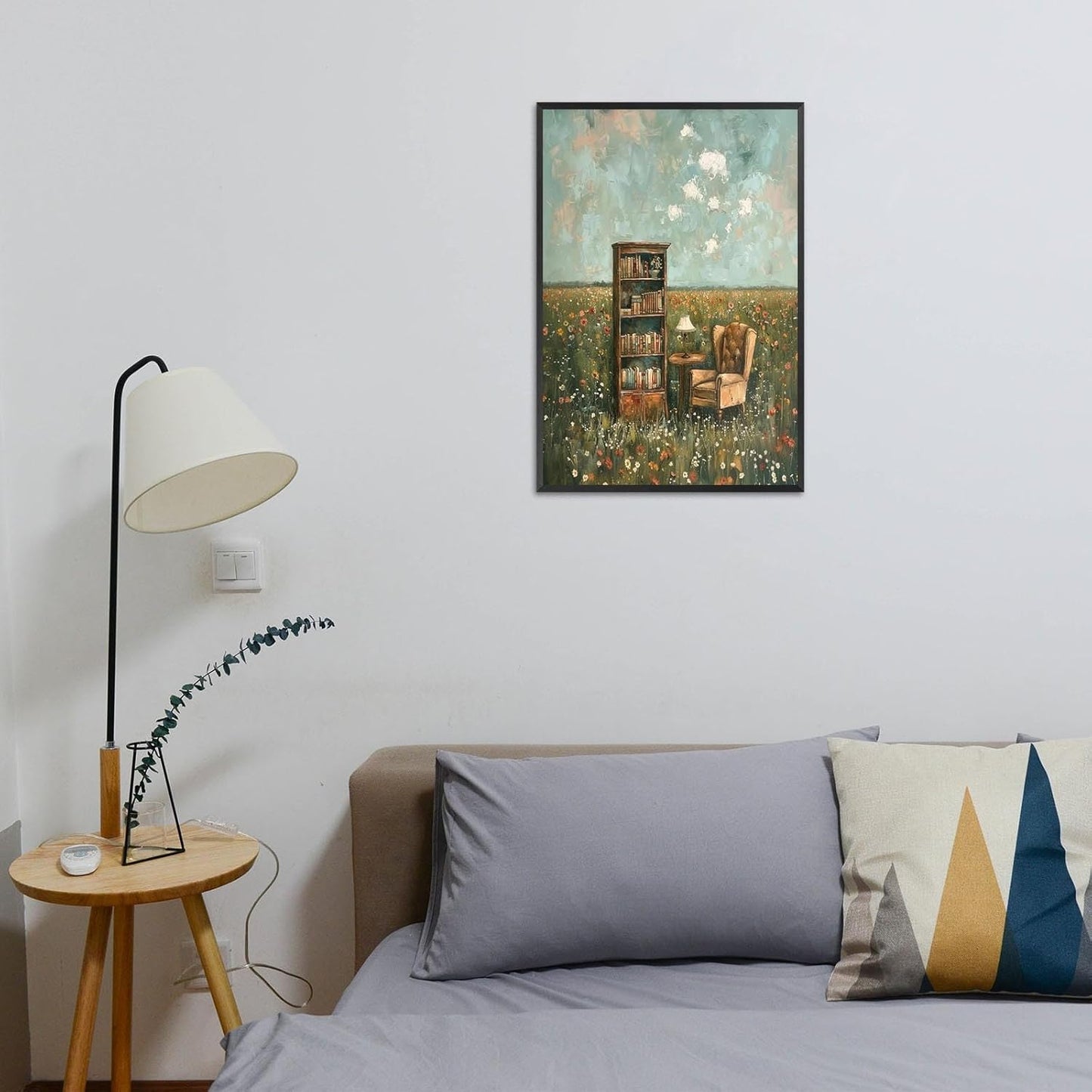 Retro Bookshelf Books Canvas Posters Floral Field Reading Book Wall Art Rustic French Country Bookish Prints Painting For Living Room Bedroom Library Wall Decor 8x12in Unframed
