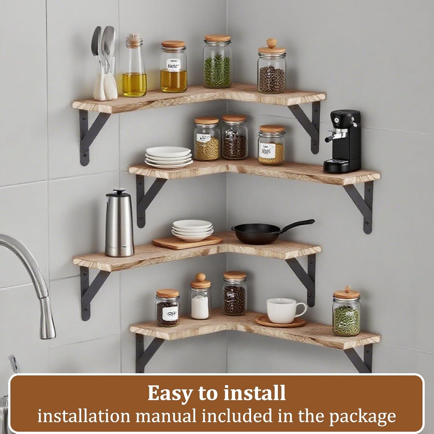Corner Floating Shelves Set of 5, Wall Mounted Wood Shelves for Home Decor, Rustic Wood Wall Storage Corner Shelf for Kitchen Bedroom Bathroom Living Room Office, Light Brown