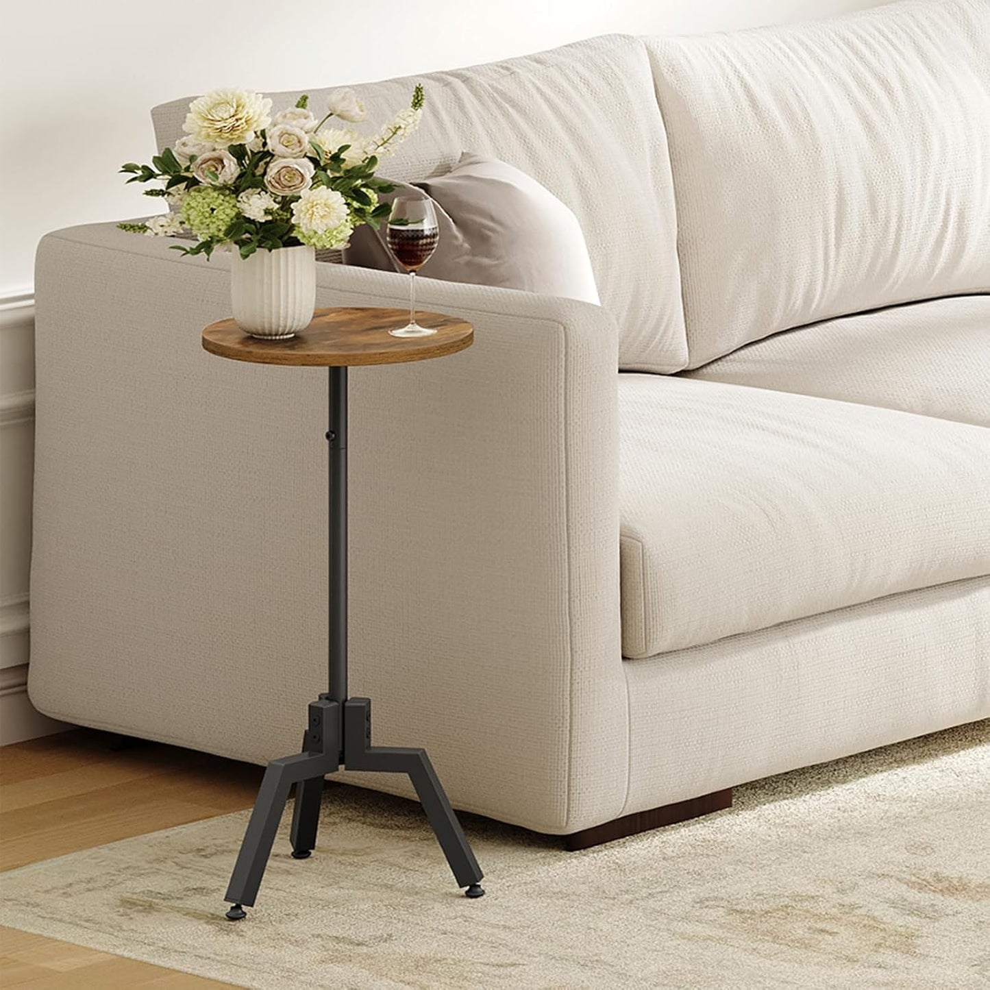 Round Side Table, Small End Table, Drink Table, Beside Table for Small Space, Coffee Martini Table with Pedestal in Bedroom, Living Room, Easy Assembly, Rustic Brown and Black ET17BR